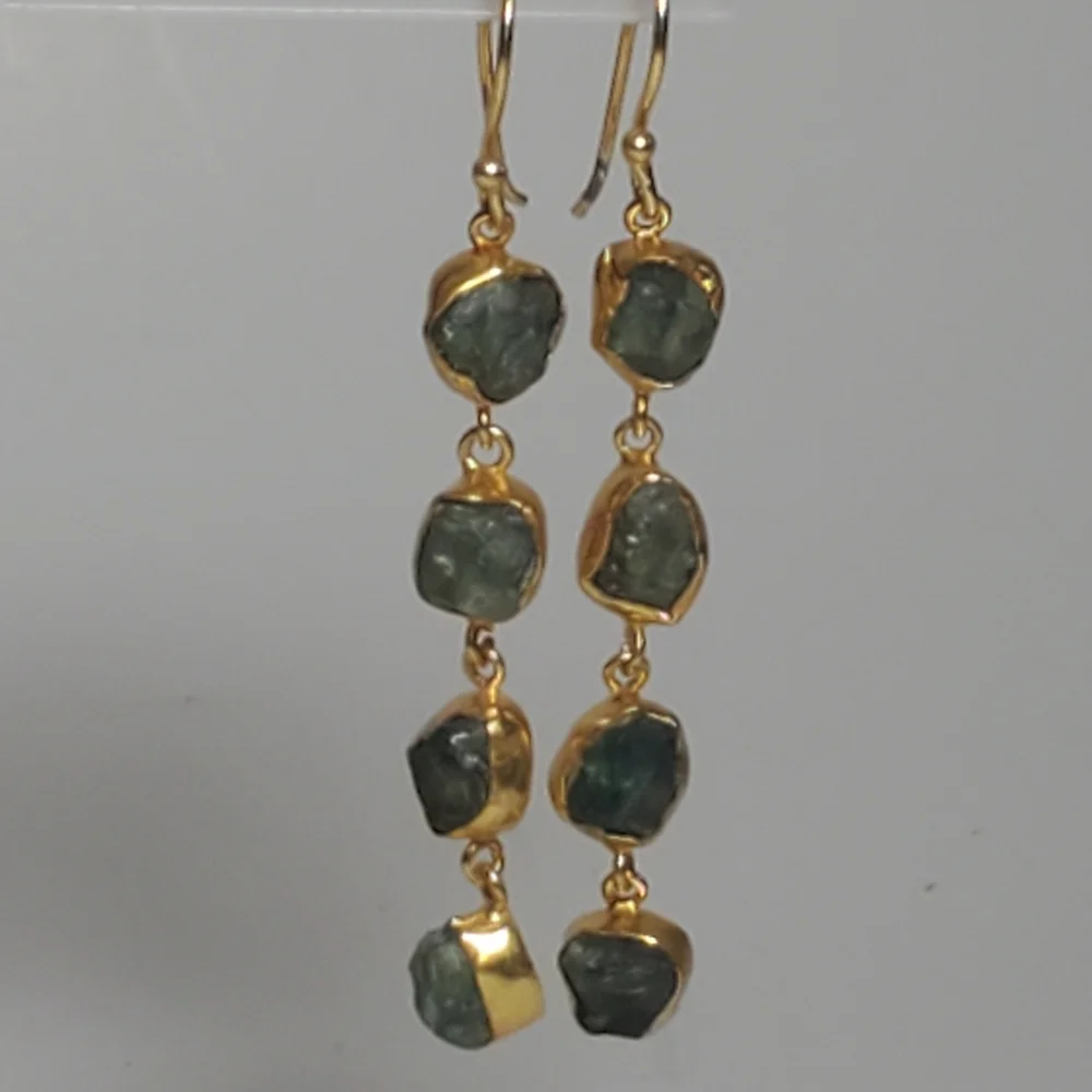 SEMIPRECIOUS Apatite Gemstone Dangle Earrings Green Stones in Gold Setting NEW - Picture 2 of 6